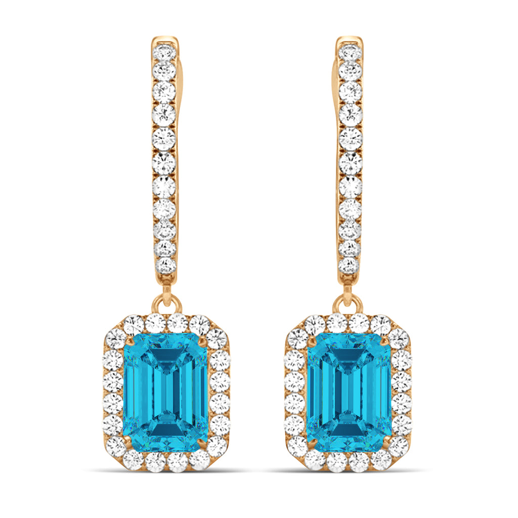 Emerald Shape Blue Diamond & Diamond Halo Dangling Earrings 14k Rose Gold (1.50ct)