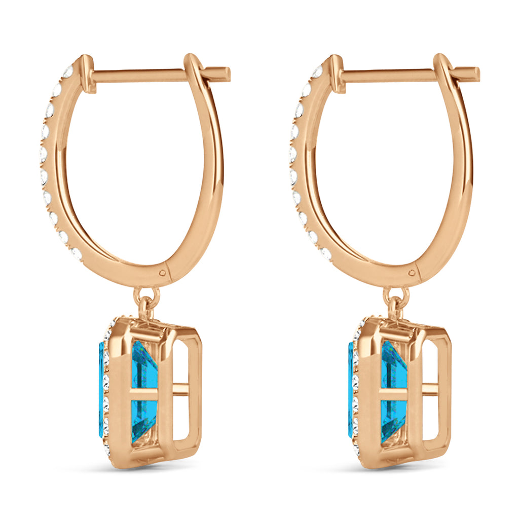 Emerald Shape Blue Diamond & Diamond Halo Dangling Earrings 14k Rose Gold (1.50ct)