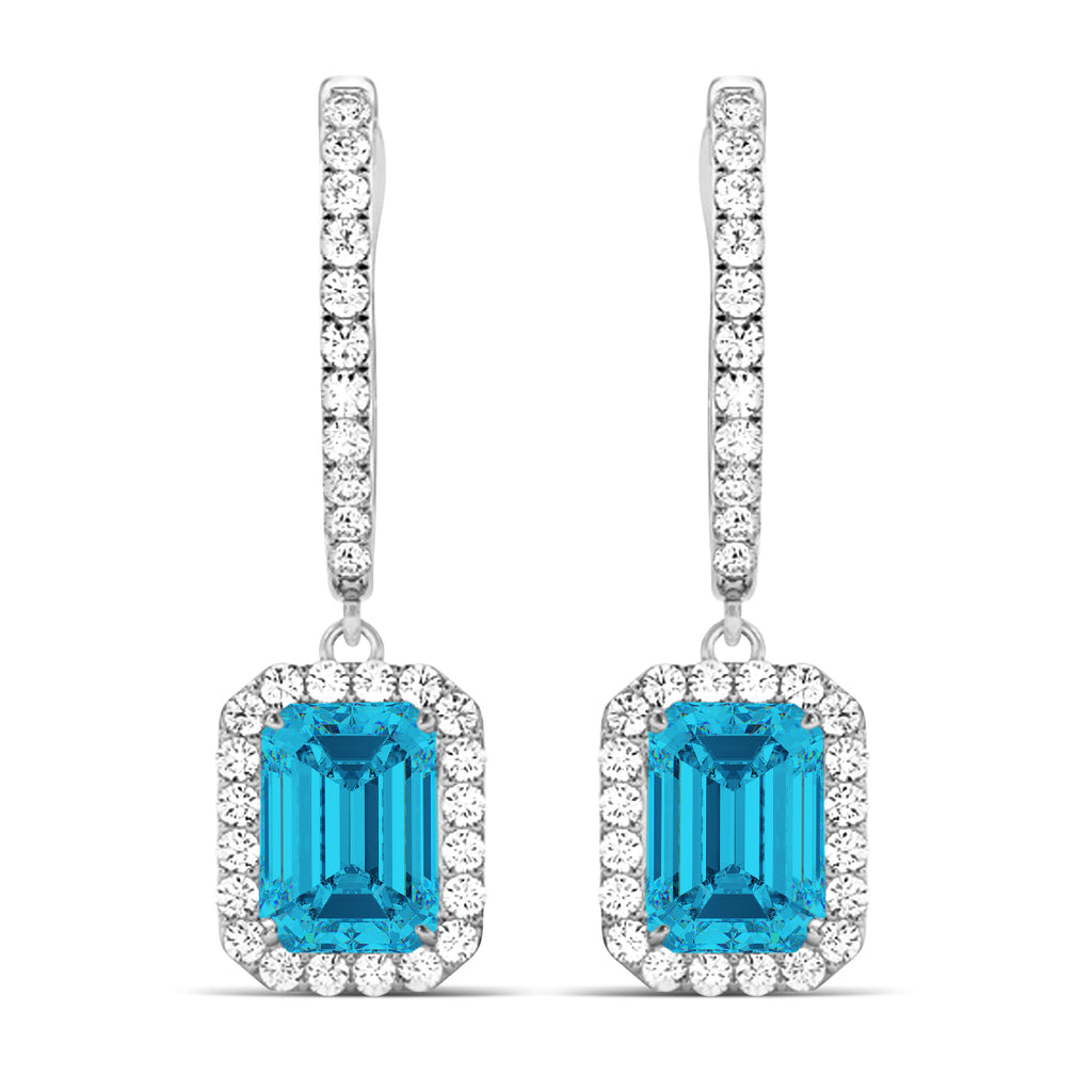 Emerald Shape Blue Diamond & Diamond Halo Dangling Earrings 14k White Gold (1.50ct)