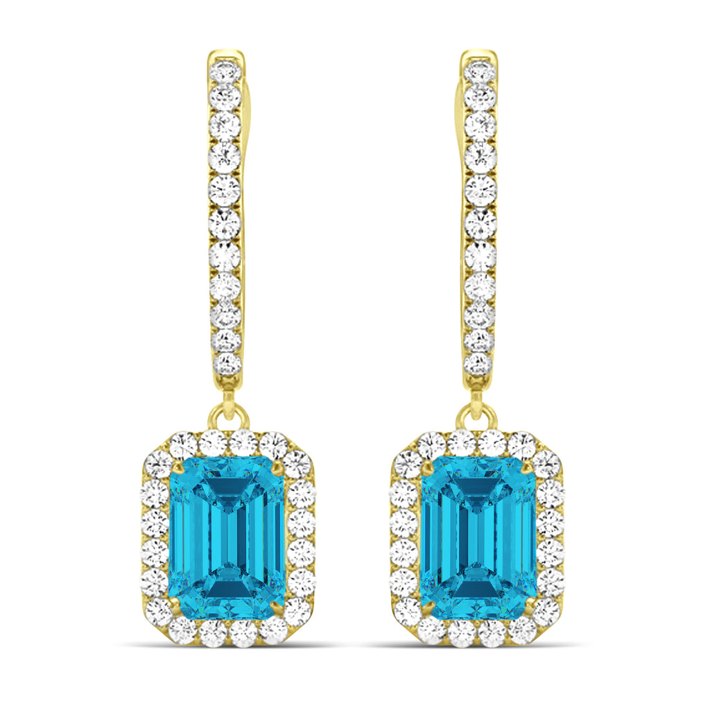Emerald Shape Blue Diamond & Diamond Halo Dangling Earrings 14k Yellow Gold (1.50ct)
