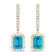 Emerald Shape Blue Diamond & Diamond Halo Dangling Earrings 14k Yellow Gold (1.50ct)
