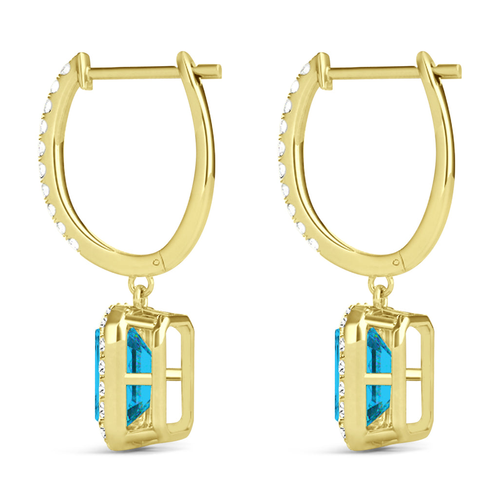 Emerald Shape Blue Diamond & Diamond Halo Dangling Earrings 14k Yellow Gold (1.50ct)