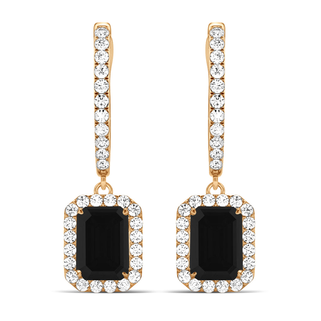 Emerald Shape Black Diamond & Diamond Halo Dangling Earrings 14k Rose Gold (1.50ct)