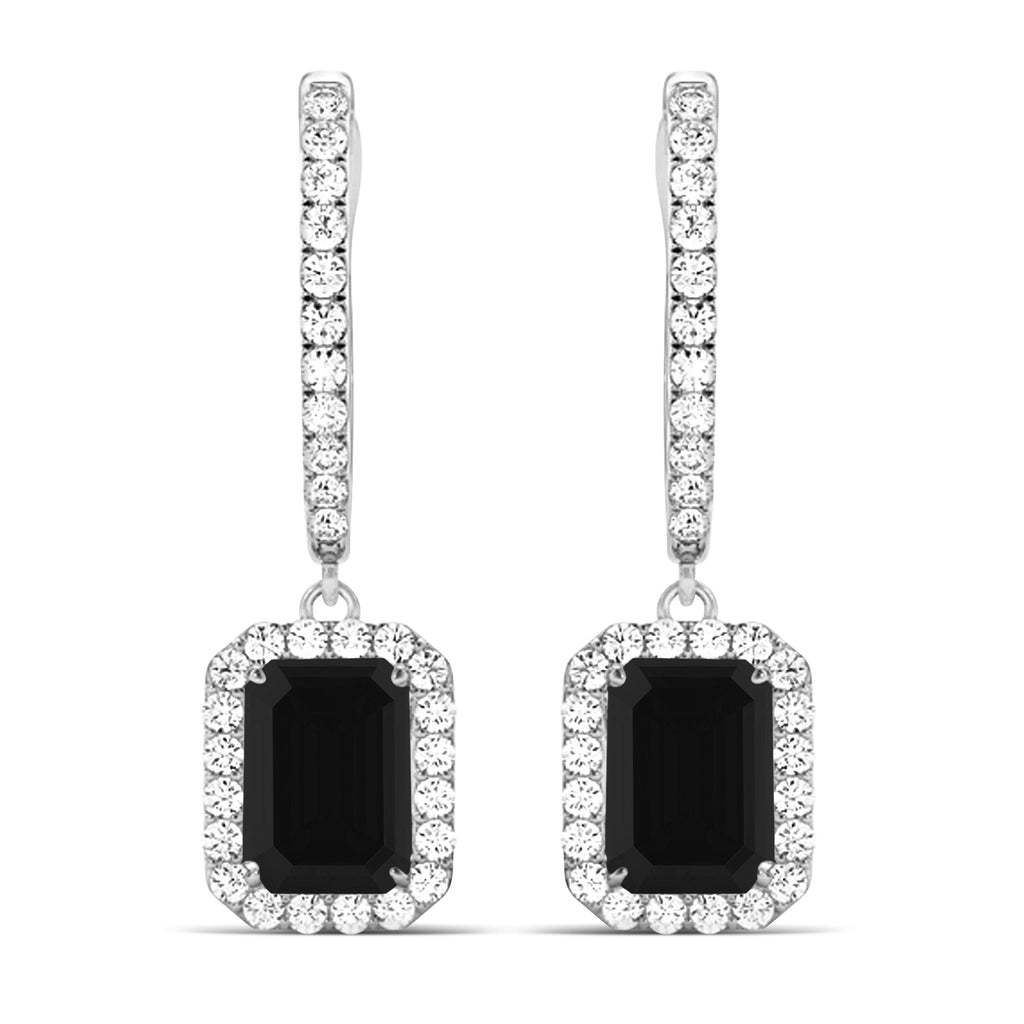 Emerald Shape Black Diamond & Diamond Halo Dangling Earrings 14k White Gold (1.50ct)