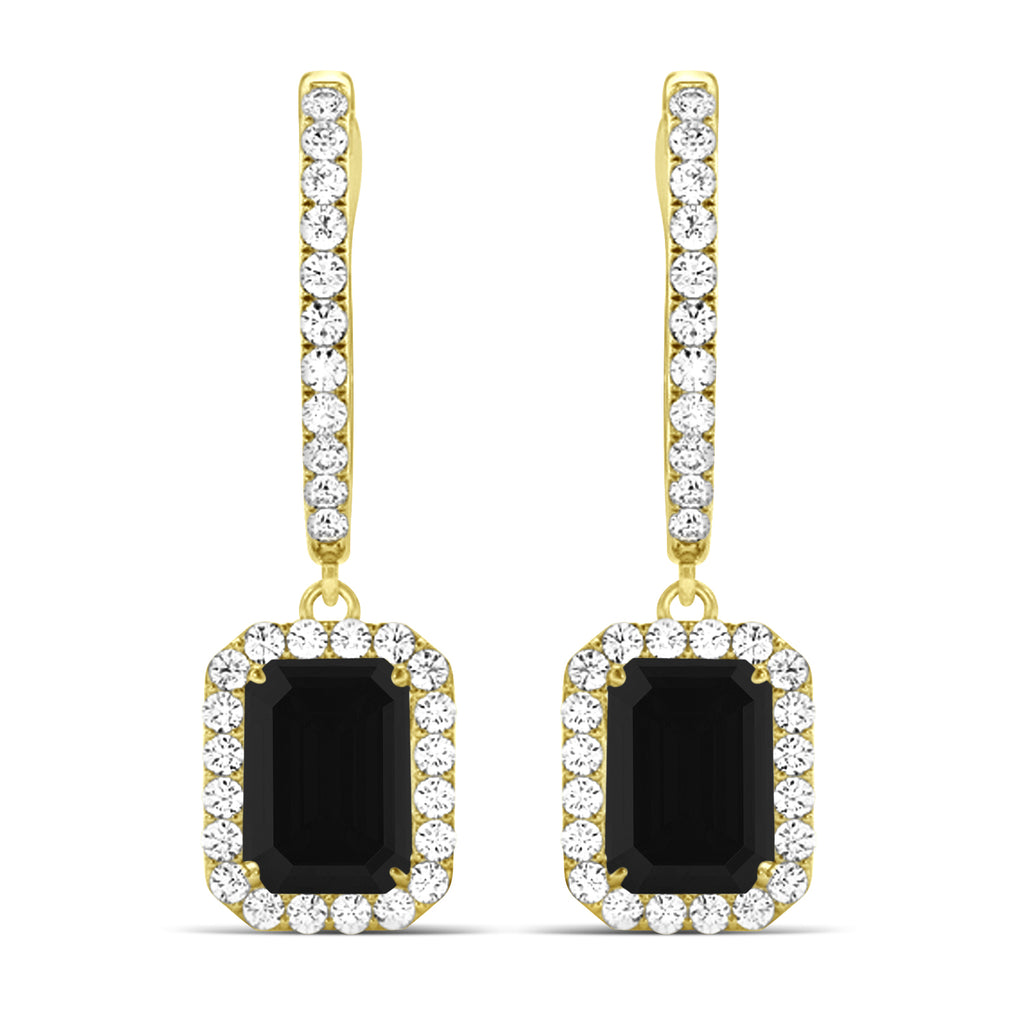 Emerald Shape Black Diamond & Diamond Halo Dangling Earrings 14k Yellow Gold (1.50ct)