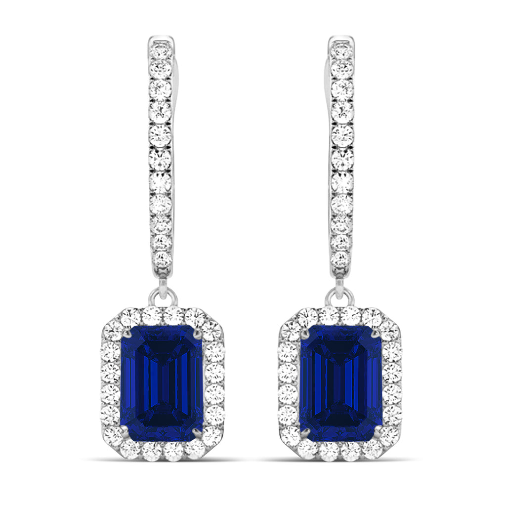 Emerald Shape Lab Blue Sapphire & Diamond Halo Dangling Earrings 14k White Gold (1.90ct)
