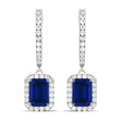 Emerald Shape Lab Blue Sapphire & Diamond Halo Dangling Earrings 14k White Gold (1.90ct)