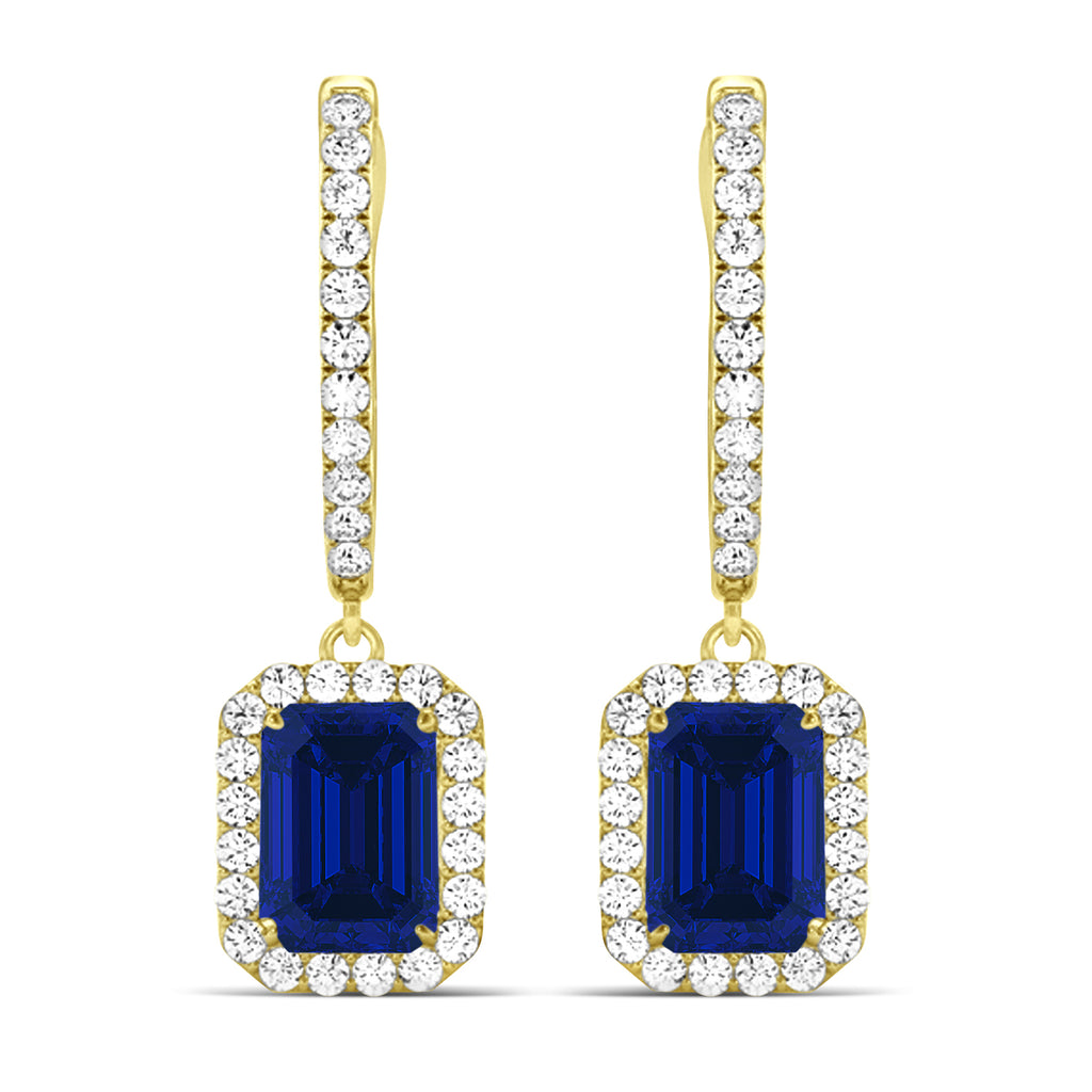 Emerald Shape Blue Sapphire & Diamond Halo Dangling Earrings 14k Yellow Gold (1.90ct)