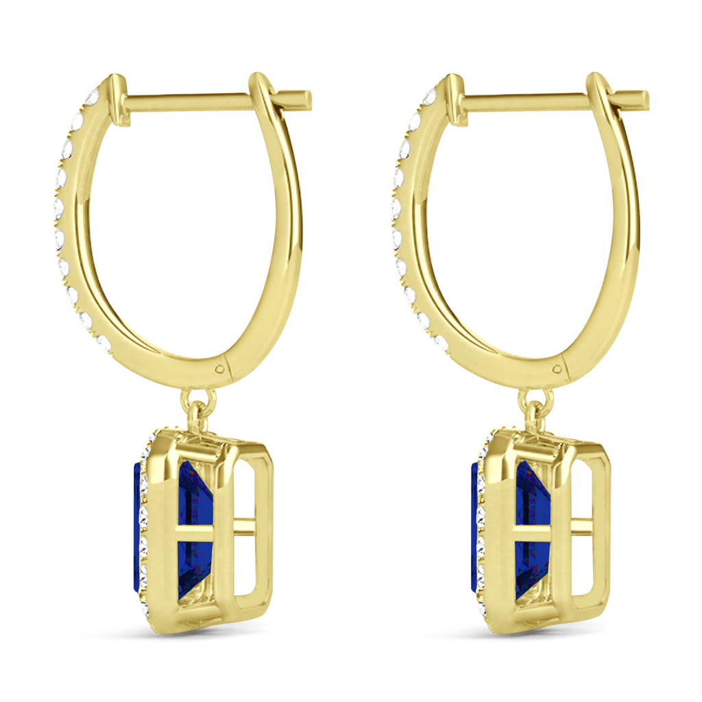 Emerald Shape Blue Sapphire & Diamond Halo Dangling Earrings 14k Yellow Gold (1.90ct)