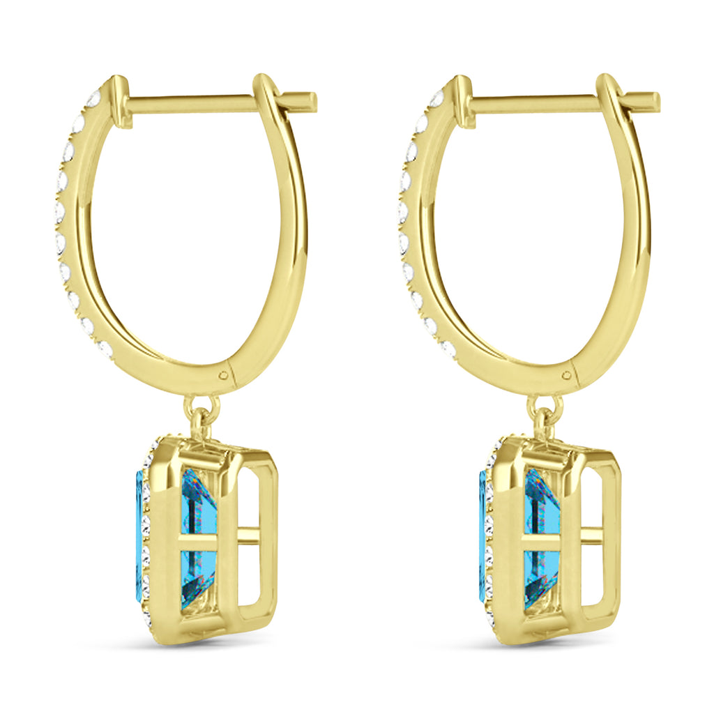 Emerald Shape Blue Topaz & Diamond Halo Dangling Earrings 14k Yellow Gold (1.80ct)