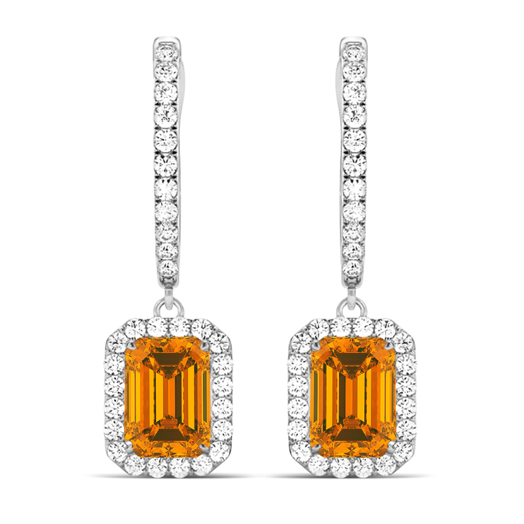 Emerald Shape Citrine & Diamond Halo Dangling Earrings 14k White Gold (1.60ct)