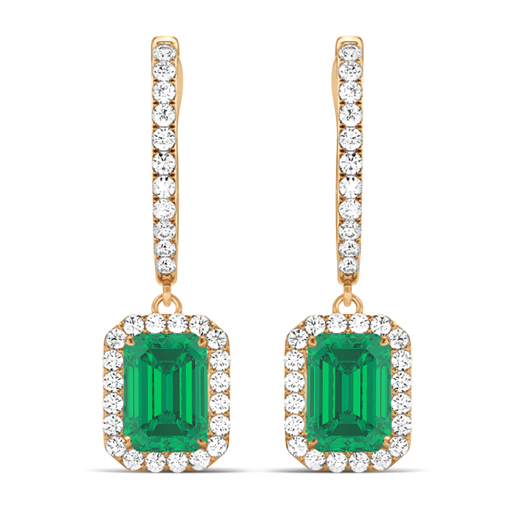 Emerald Shape Lab Emerald & Diamond Halo Dangling Earrings 14k Rose Gold (1.70ct)