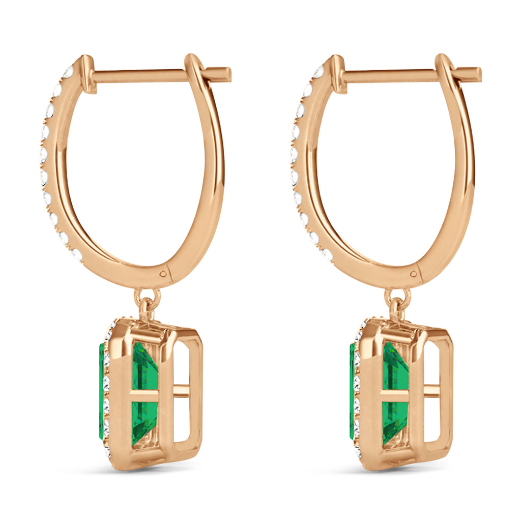 Emerald Shape Lab Emerald & Diamond Halo Dangling Earrings 14k Rose Gold (1.70ct)