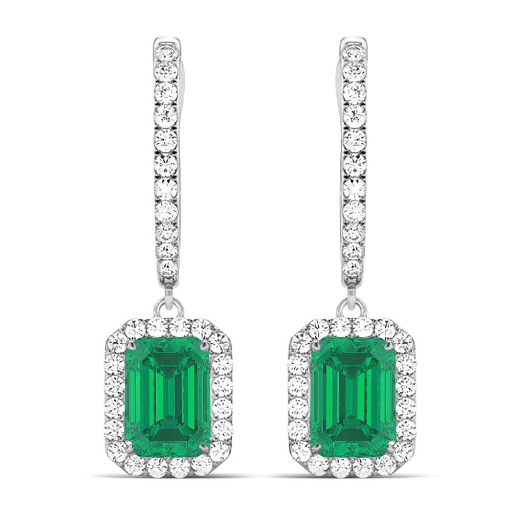 Emerald Shape Lab Emerald & Diamond Halo Dangling Earrings 14k White Gold (1.70ct)