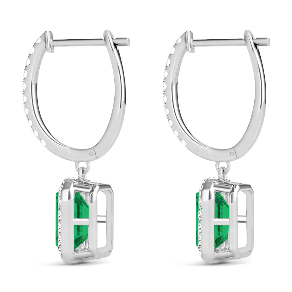 Emerald Shape Emerald & Diamond Halo Dangling Earrings 14k White Gold (1.70ct)