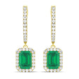 Emerald Shape Lab Emerald & Diamond Halo Dangling Earrings 14k Yellow Gold (1.70ct)
