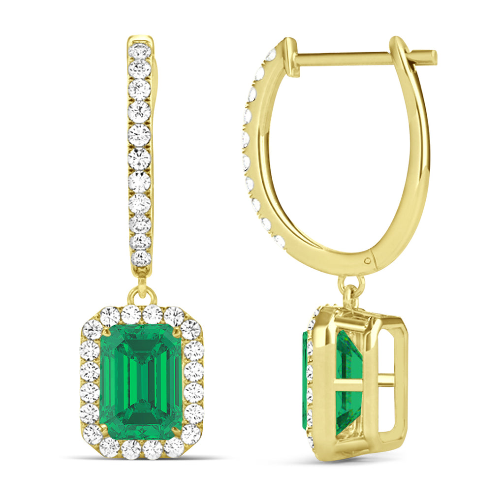 Emerald Shape Lab Emerald & Diamond Halo Dangling Earrings 14k Yellow Gold (1.70ct)