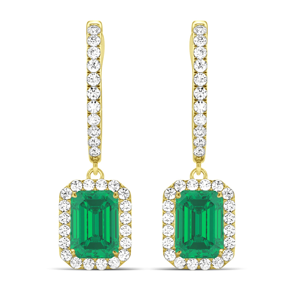 Emerald Shape Emerald & Diamond Halo Dangling Earrings 14k Yellow Gold (1.70ct)