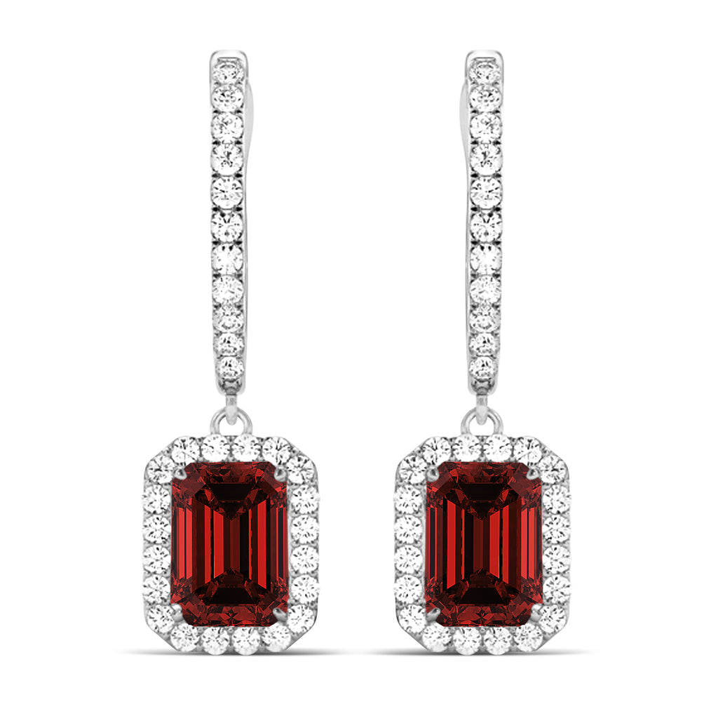 Emerald Shape Garnet & Diamond Halo Dangling Earrings 14k White Gold (2.10ct)