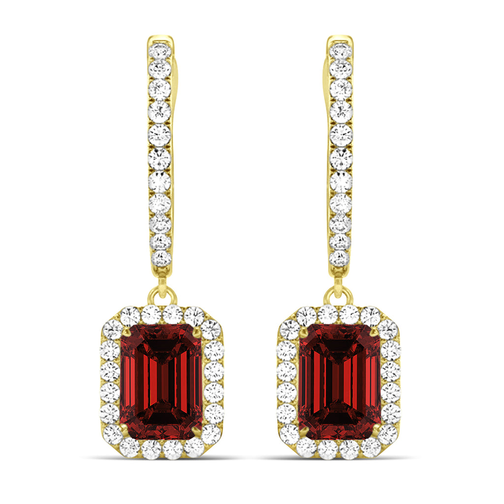 Emerald Shape Garnet & Diamond Halo Dangling Earrings 14k Yellow Gold (2.10ct)