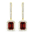 Emerald Shape Garnet & Diamond Halo Dangling Earrings 14k Yellow Gold (2.10ct)
