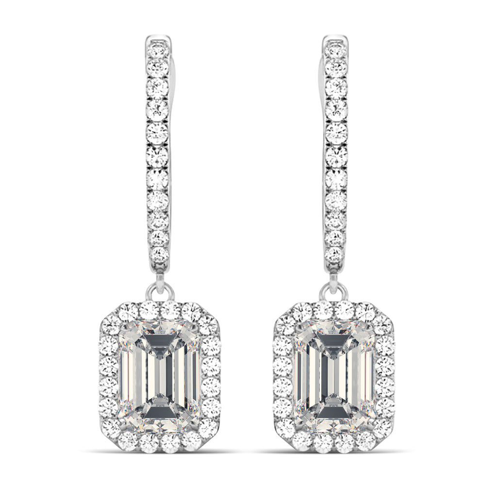 Emerald Shape Moissanite & Diamond Halo Dangling Earrings 14k White Gold (1.56ct)