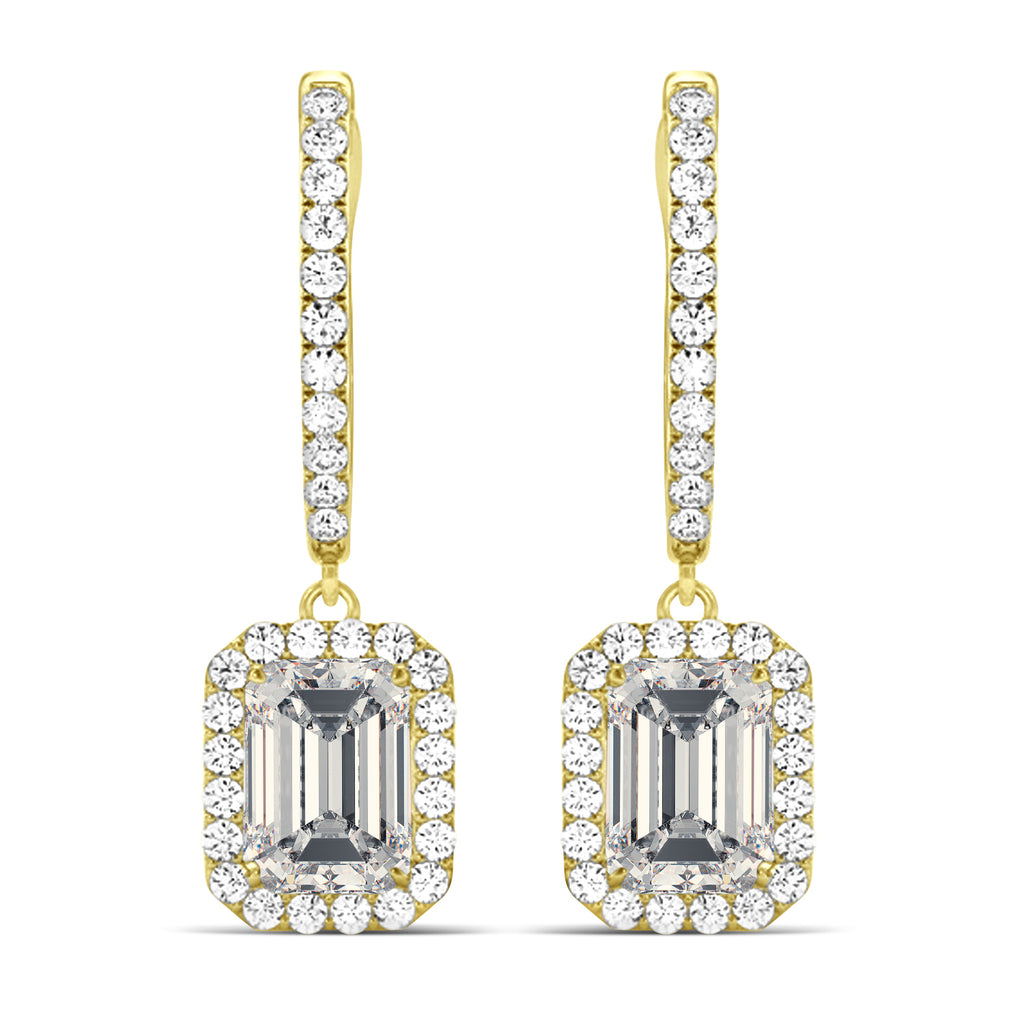 Emerald Shape Moissanite & Diamond Halo Dangling Earrings 14k Yellow Gold (1.56ct)