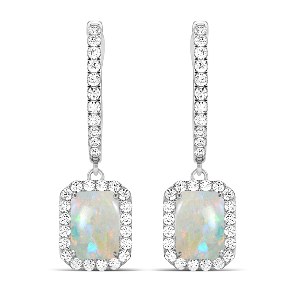 Emerald Shape Opal & Diamond Halo Dangling Earrings 14k White Gold (2.10ct)