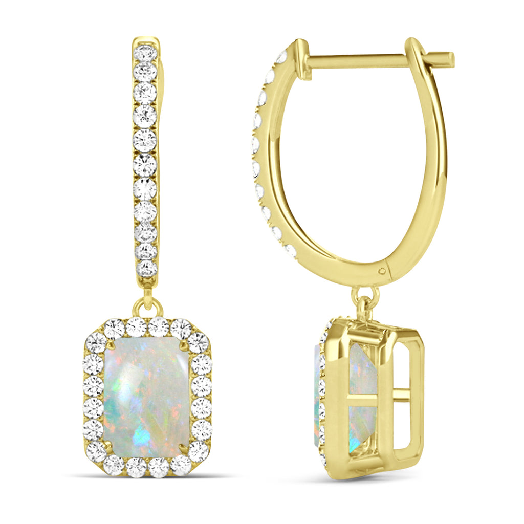 Emerald Shape Opal & Diamond Halo Dangling Earrings 14k Yellow Gold (2.10ct)
