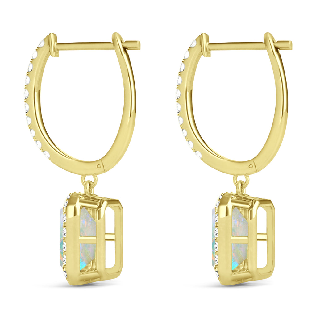 Emerald Shape Opal & Diamond Halo Dangling Earrings 14k Yellow Gold (2.10ct)