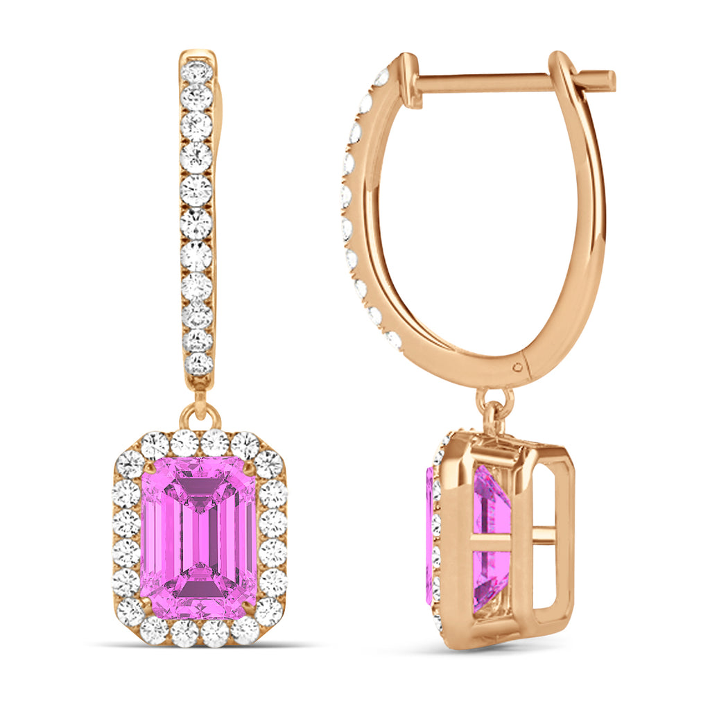 Emerald Shape Lab Pink Sapphire & Diamond Halo Dangling Earrings 14k Rose Gold (1.90ct)