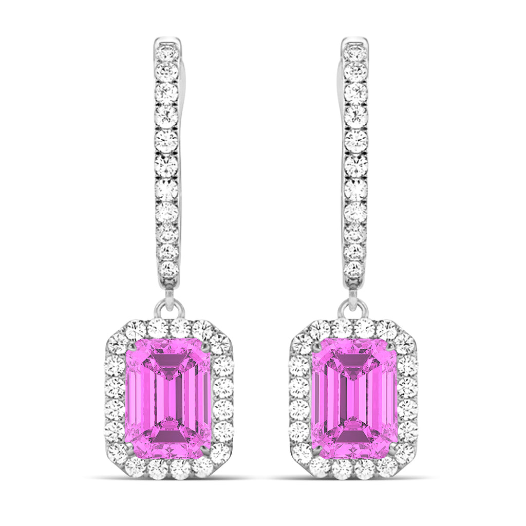 Emerald Shape Pink Sapphire & Diamond Halo Dangling Earrings 14k White Gold (1.90ct)