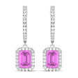 Emerald Shape Pink Sapphire & Diamond Halo Dangling Earrings 14k White Gold (1.90ct)