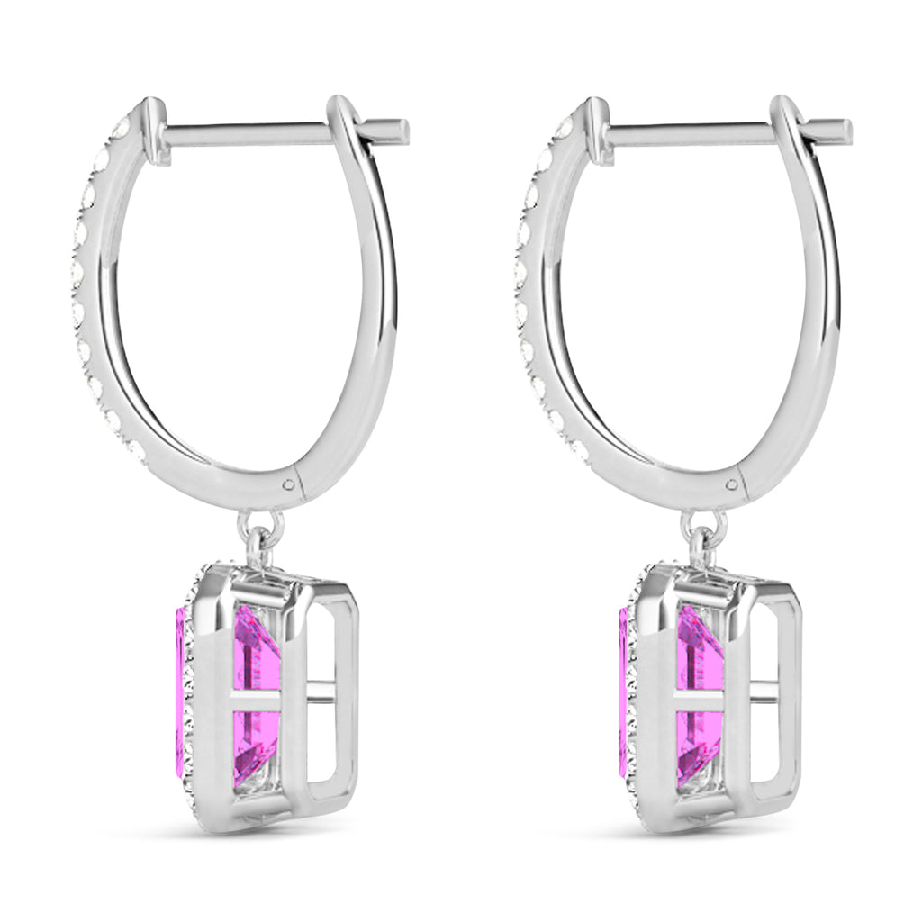 Emerald Shape Pink Sapphire & Diamond Halo Dangling Earrings 14k White Gold (1.90ct)