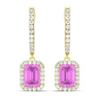 Emerald Shape Lab Pink Sapphire & Diamond Halo Dangling Earrings 14k Yellow Gold (1.90ct)