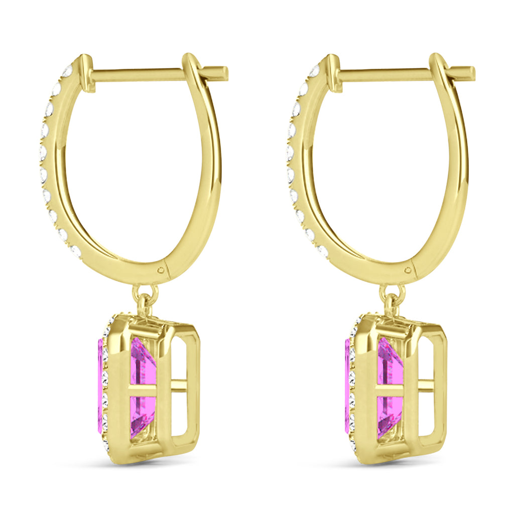 Emerald Shape Lab Pink Sapphire & Diamond Halo Dangling Earrings 14k Yellow Gold (1.90ct)