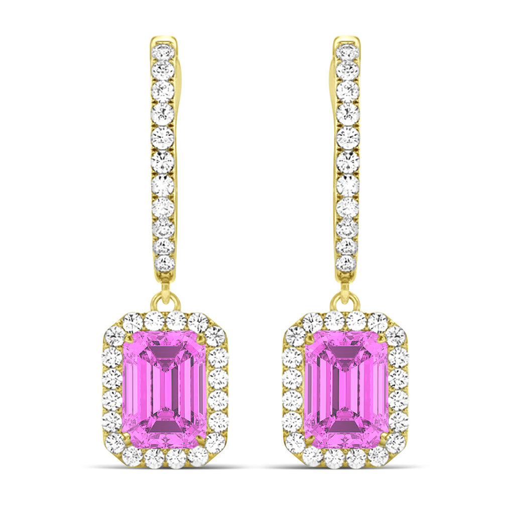 Emerald Shape Pink Sapphire & Diamond Halo Dangling Earrings 14k Yellow Gold (1.90ct)