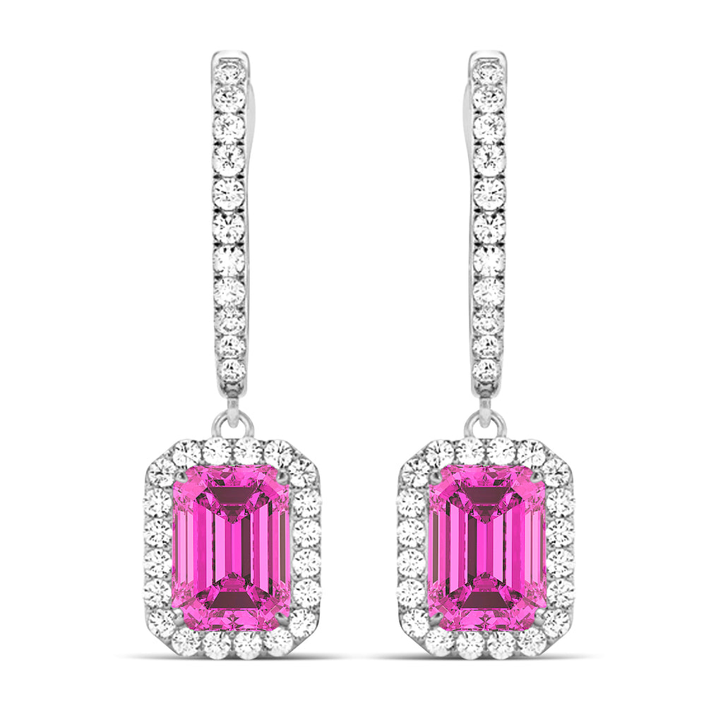 Emerald Shape Pink Topaz & Diamond Halo Dangling Earrings 14k White Gold (1.80ct)