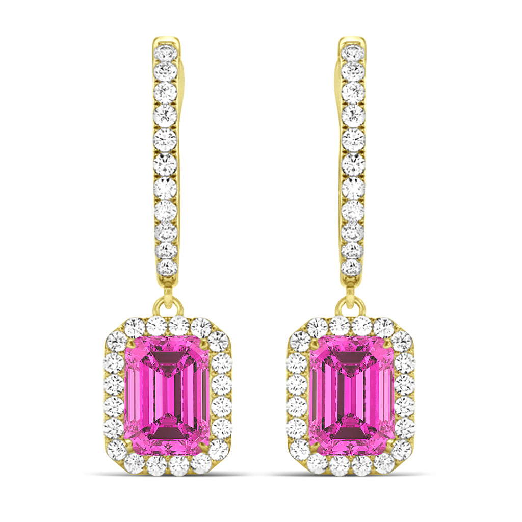 Emerald Shape Pink Topaz & Diamond Halo Dangling Earrings 14k Yellow Gold (1.80ct)