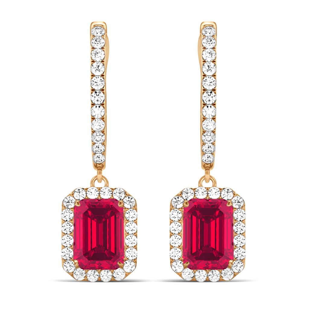 Emerald Shape Lab Ruby & Diamond Halo Dangling Earrings 14k Rose Gold (1.90ct)
