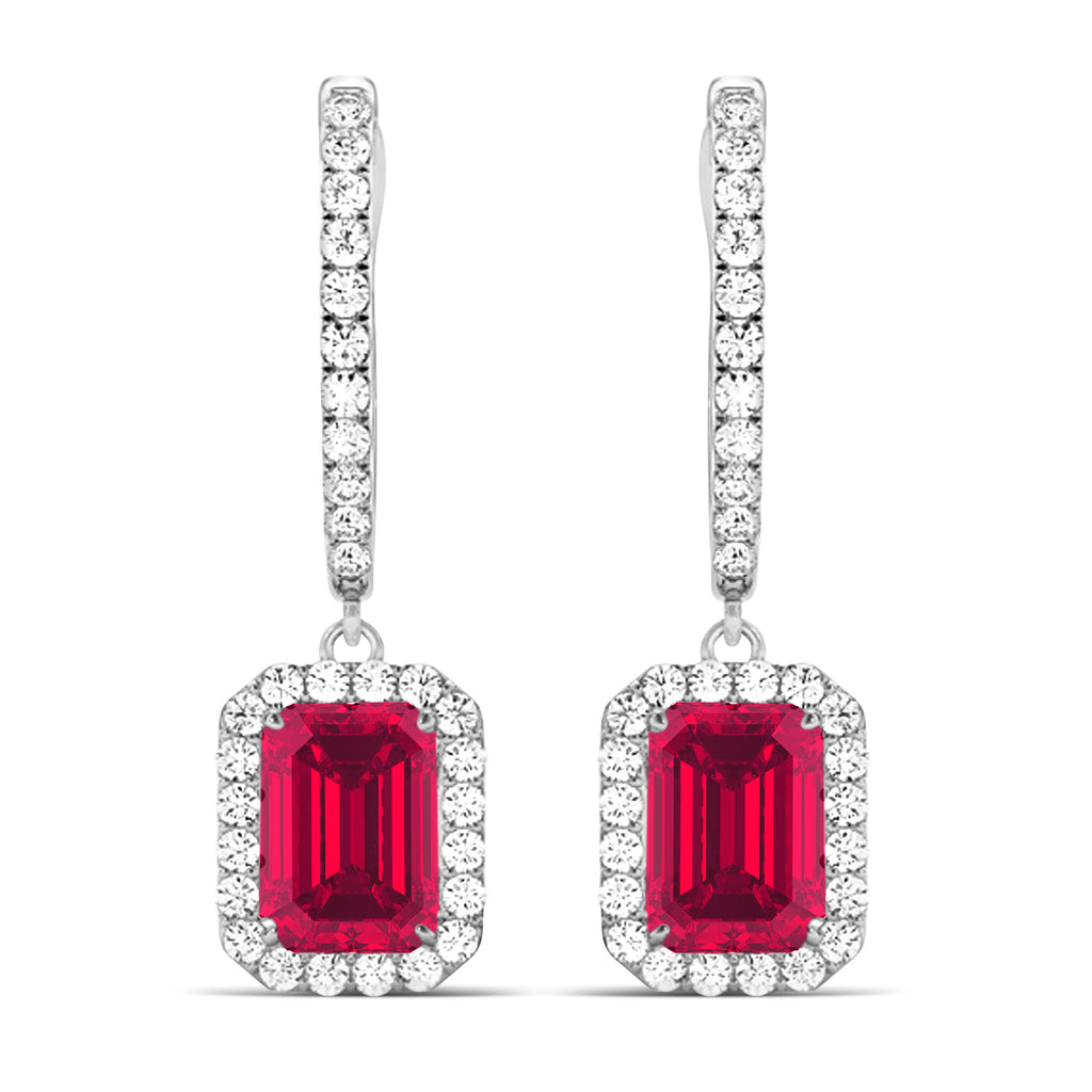 Emerald Shape Lab Ruby & Diamond Halo Dangling Earrings 14k White Gold (1.90ct)