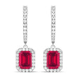 Emerald Shape Lab Ruby & Diamond Halo Dangling Earrings 14k White Gold (1.90ct)