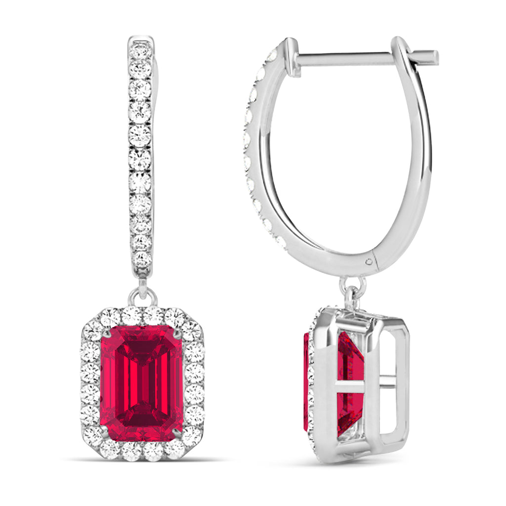 Emerald Shape Lab Ruby & Diamond Halo Dangling Earrings 14k White Gold (1.90ct)