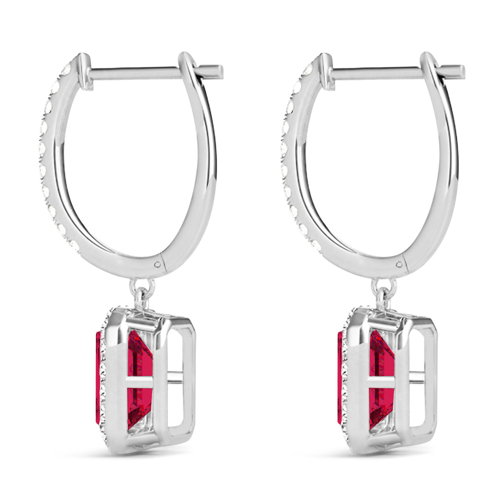 Emerald Shape Lab Ruby & Diamond Halo Dangling Earrings 14k White Gold (1.90ct)