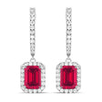 Emerald Shape Ruby & Diamond Halo Dangling Earrings 14k White Gold (1.90ct)