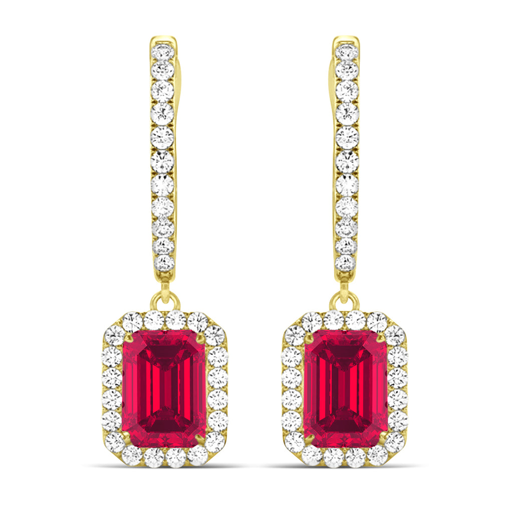 Emerald Shape Lab Ruby & Diamond Halo Dangling Earrings 14k Yellow Gold (1.90ct)