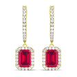 Emerald Shape Lab Ruby & Diamond Halo Dangling Earrings 14k Yellow Gold (1.90ct)