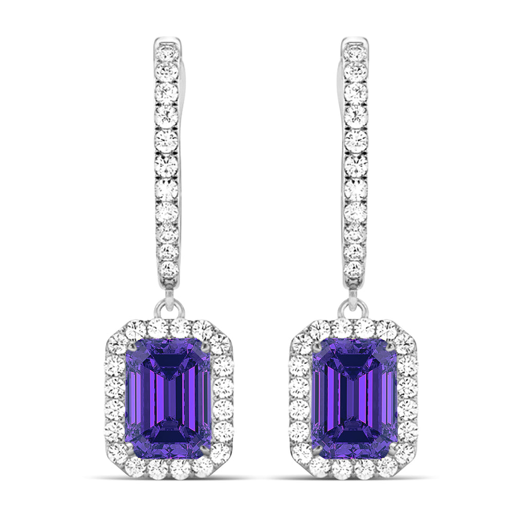 Emerald Shape Tanzanite & Diamond Halo Dangling Earrings 14k White Gold (1.70ct)
