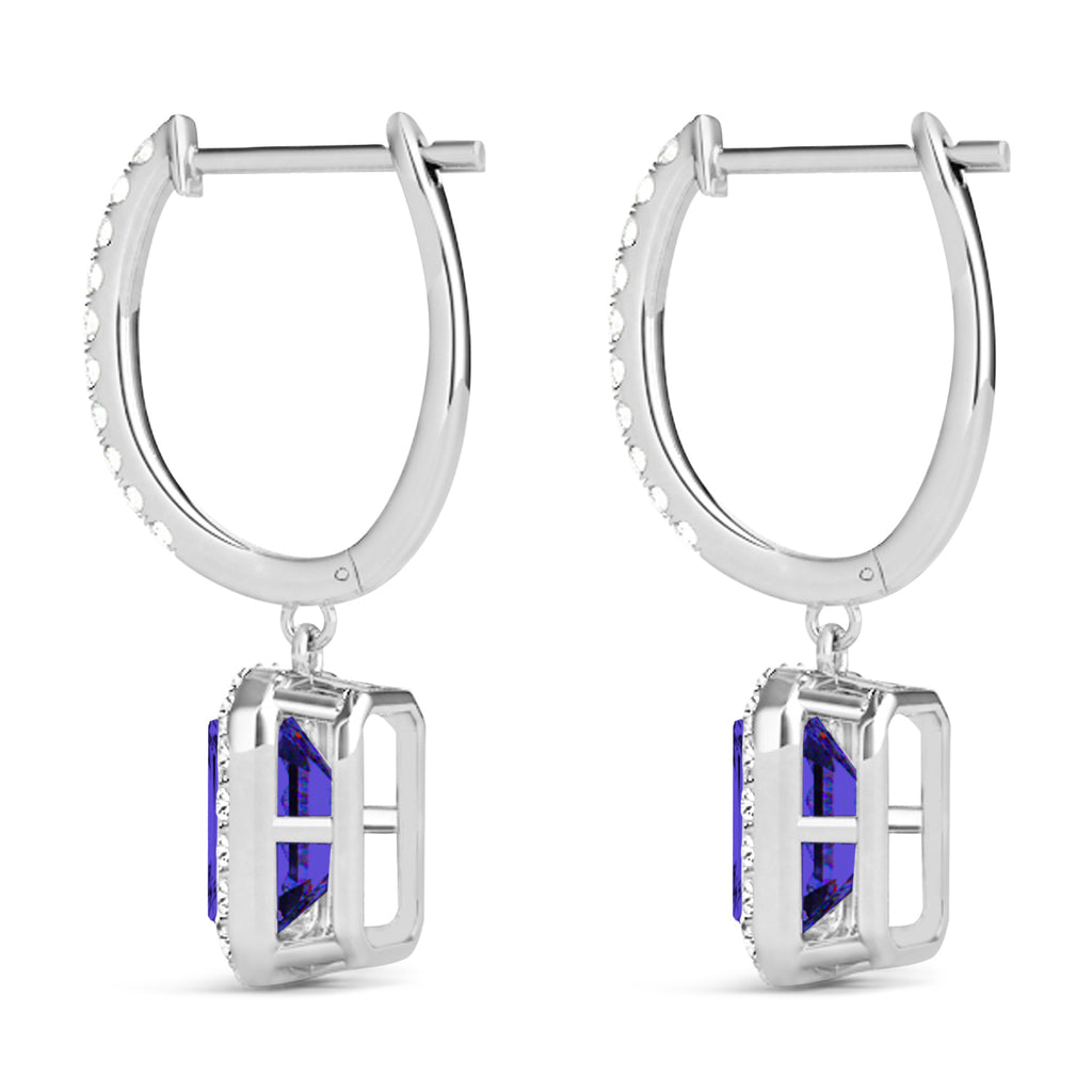 Emerald Shape Tanzanite & Diamond Halo Dangling Earrings 14k White Gold (1.70ct)
