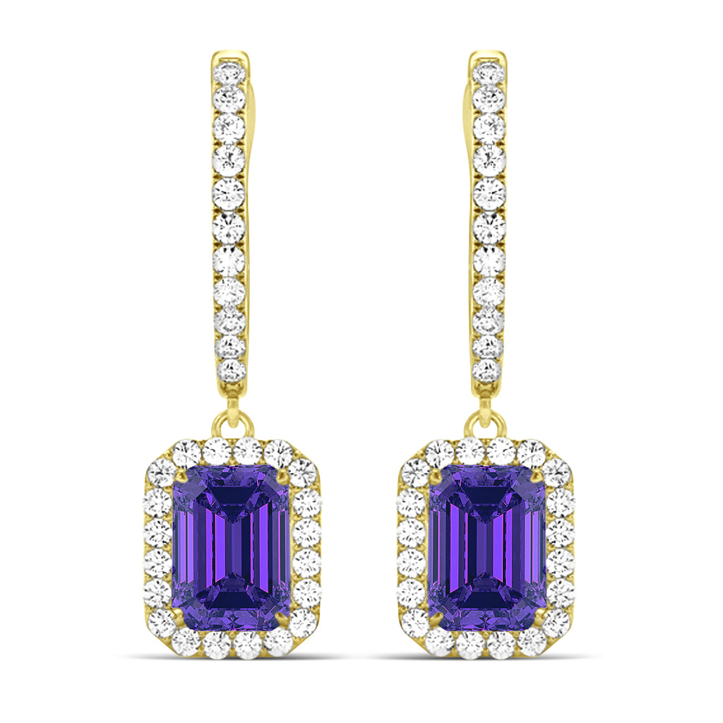 Emerald Shape Tanzanite & Diamond Halo Dangling Earrings 14k Yellow Gold (1.70ct)